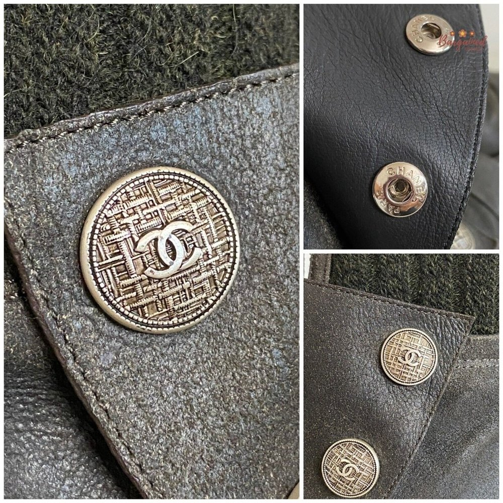 Authentic CHANEL Charcoal Distressed Leather Tweed CC Buttons Ankle Boots 10.5 - Picture 2 of 15